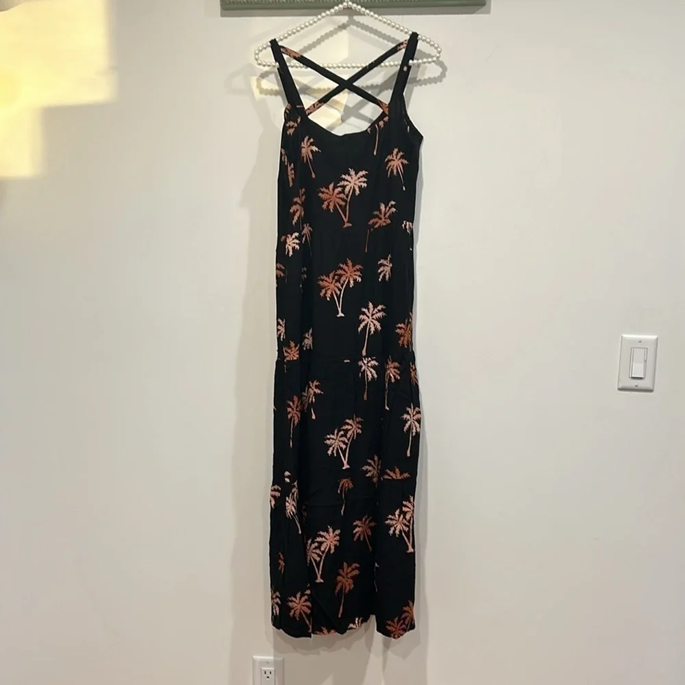 Sugarhill Brighton Tara batik tiered midi sundress black, palm tree print 6 new